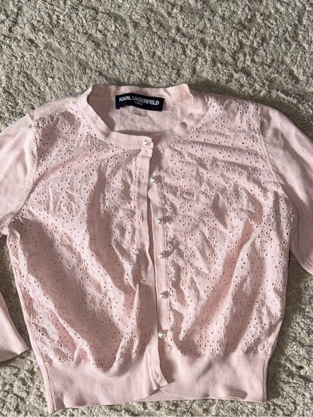 Karl Lagerfeld Soft Pink Knit Cardigan with Pearl Button